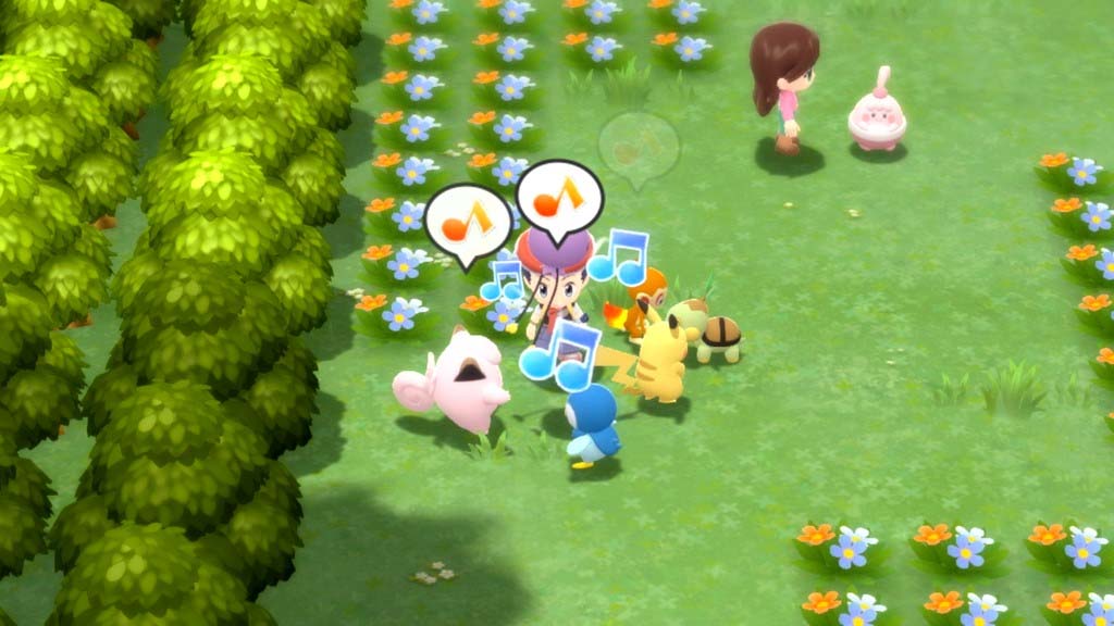 A screenshot from Pokémon Brilliant Diamond/Shining Pearl, showing the player surrounded by Clefairy, Piplup, Pikachu, Turtwig and Chimchar
