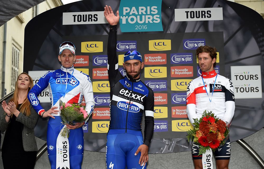 Demare, Gaviria and Vangenechten on the Paris-Tours podium