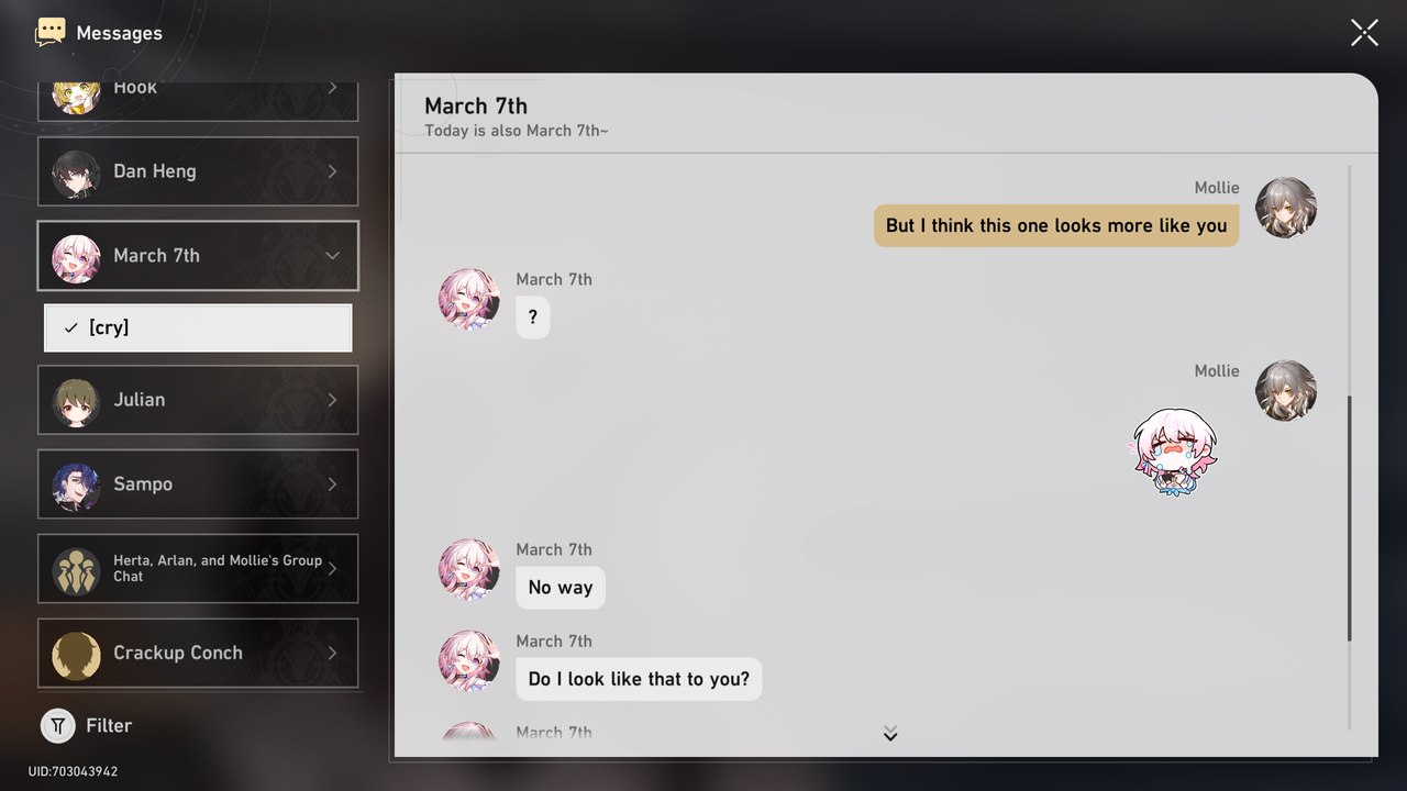 Honkai: Star Rail text messages.