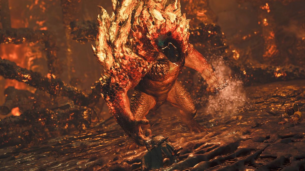 Promotional screenshot of a player fighting an Ajarakan in Monster Hunter Wilds