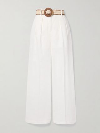 Golden Belted Pleated Linen Wide-Leg Pants