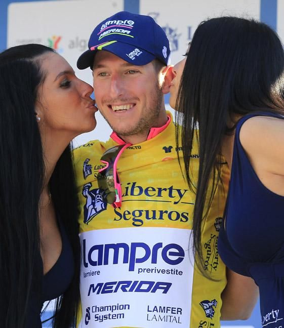 Sacha Modolo wears the leader's yellow jersey