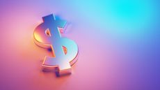 a silver dollar sign lit up by a bright light with a pink, purple, and blue background