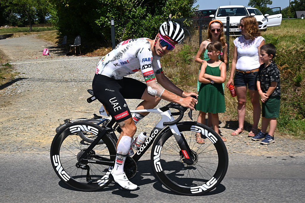 LAVAL, FRANCE - JULY 12: Joao Almeida of Portugal and UAE Team Emirates - XRG competes during the 112th Tour de France, Stage 8 a 197km stage from Saint-Meen-le-Grand to Laval (Espace Mayenne) / #UCIWT / on July 12, 2025 in Laval, France.
