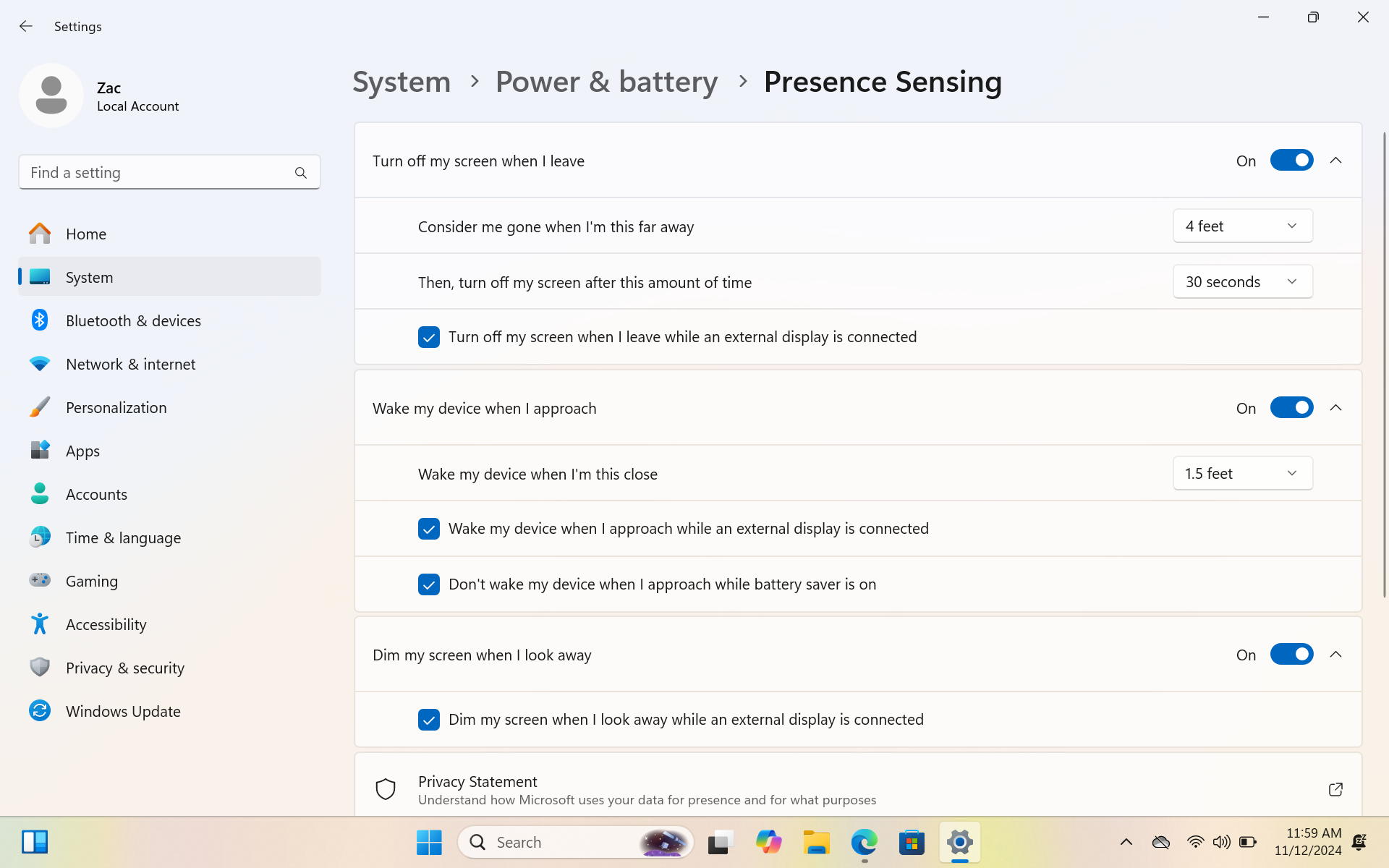 Prescence sensing settings on the XPS 13