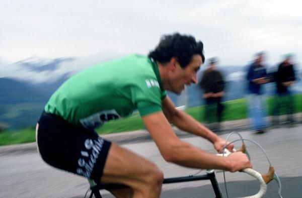 Baronchelli in a time trial while wearing the green climber's jersey at the 1978 Giro