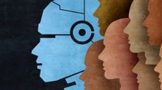 Agentic AI concept image with human heads lined up with larger robotic humanoid head in background.