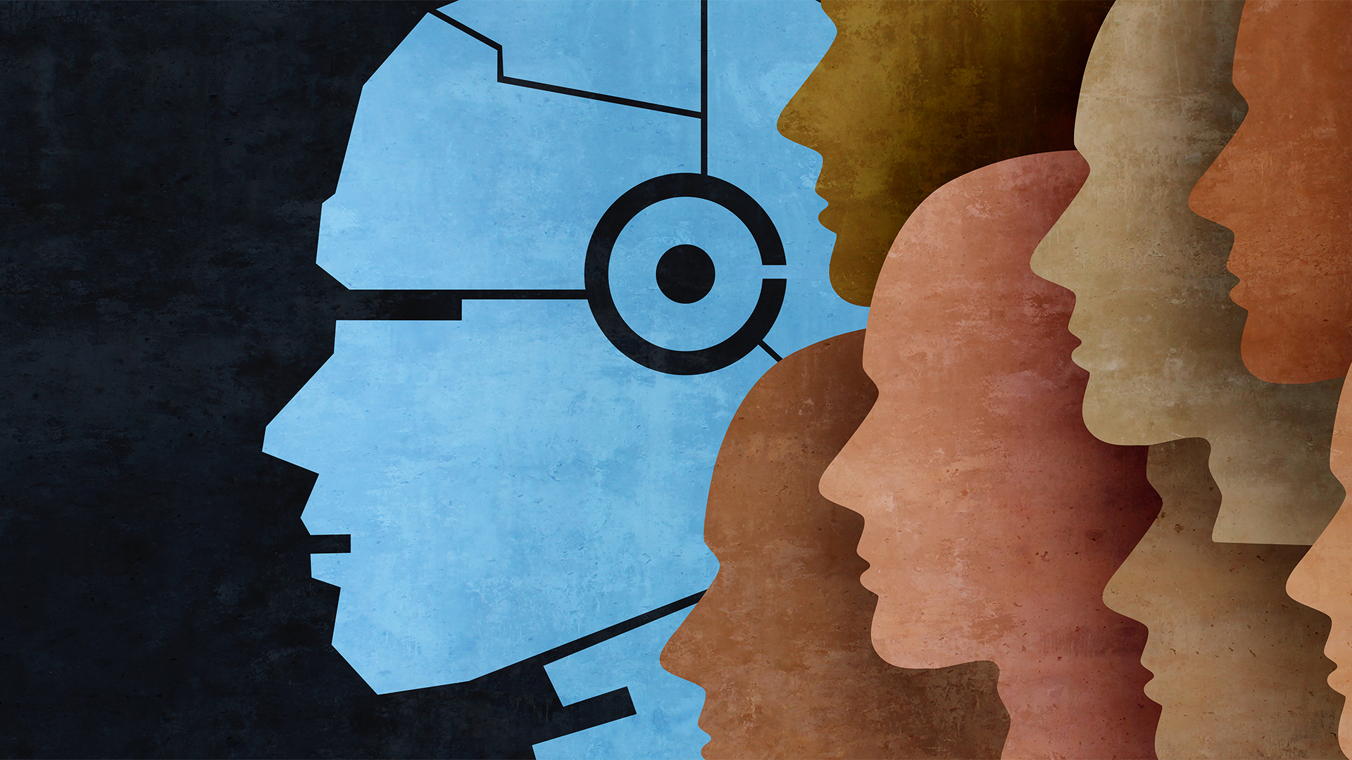 Agentic AI concept image with human heads lined up with larger robotic humanoid head in background.