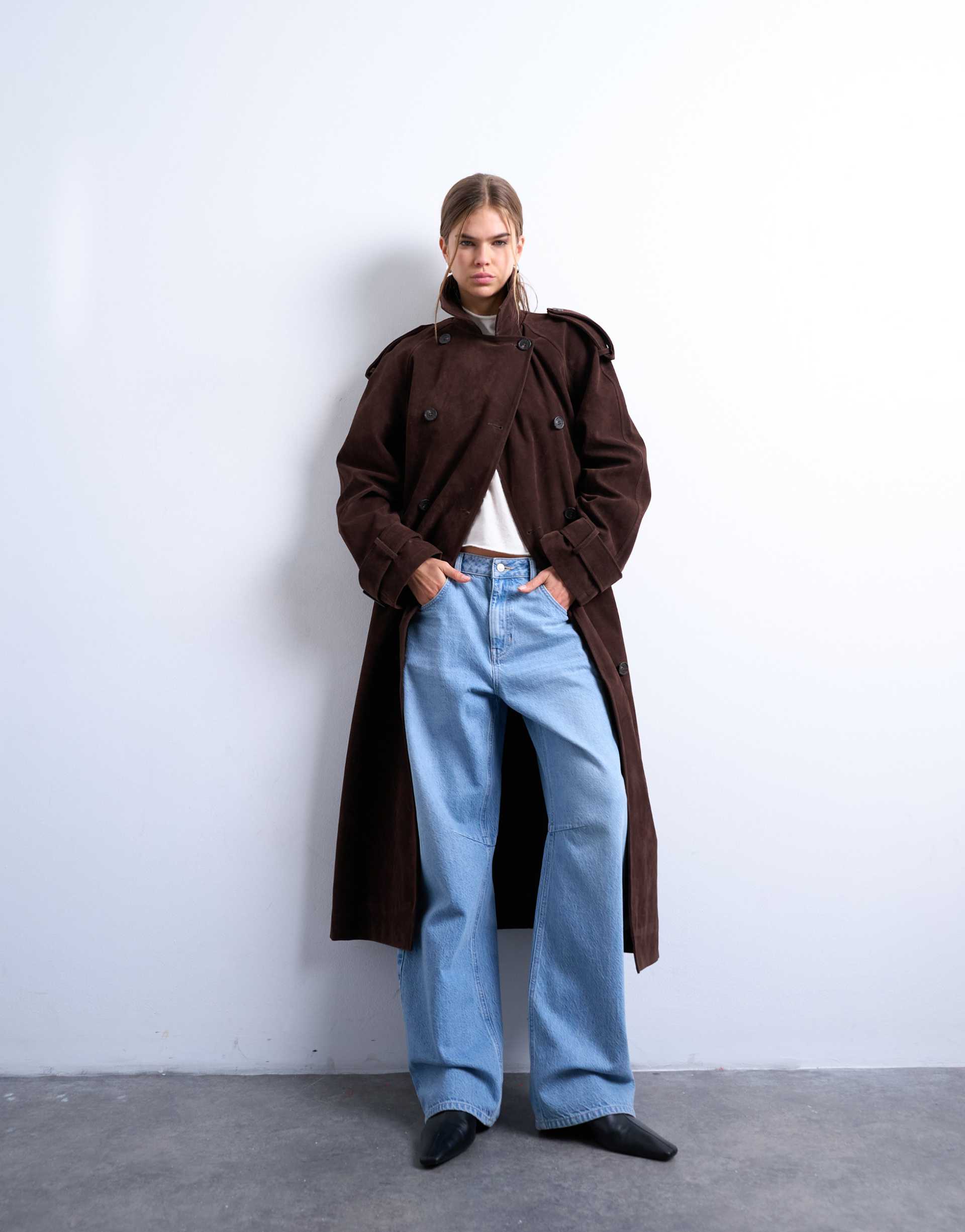 Topshop, Longline Oversized Faux Suede Trench Coat