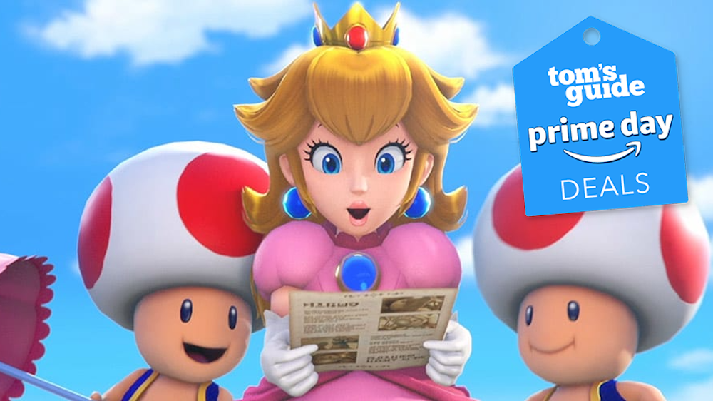 Princess Peach and Toads looking at note with Tom&#039;s Guide Prime Day deal logo