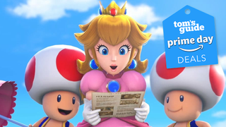 Princess Peach and Toads looking at note with Tom's Guide Prime Day deal logo