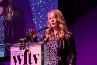 Kirsty Young on stage at the Women in Film and TV Awards 2019 at Hilton Park Lane on December 06, 2019 in London, England