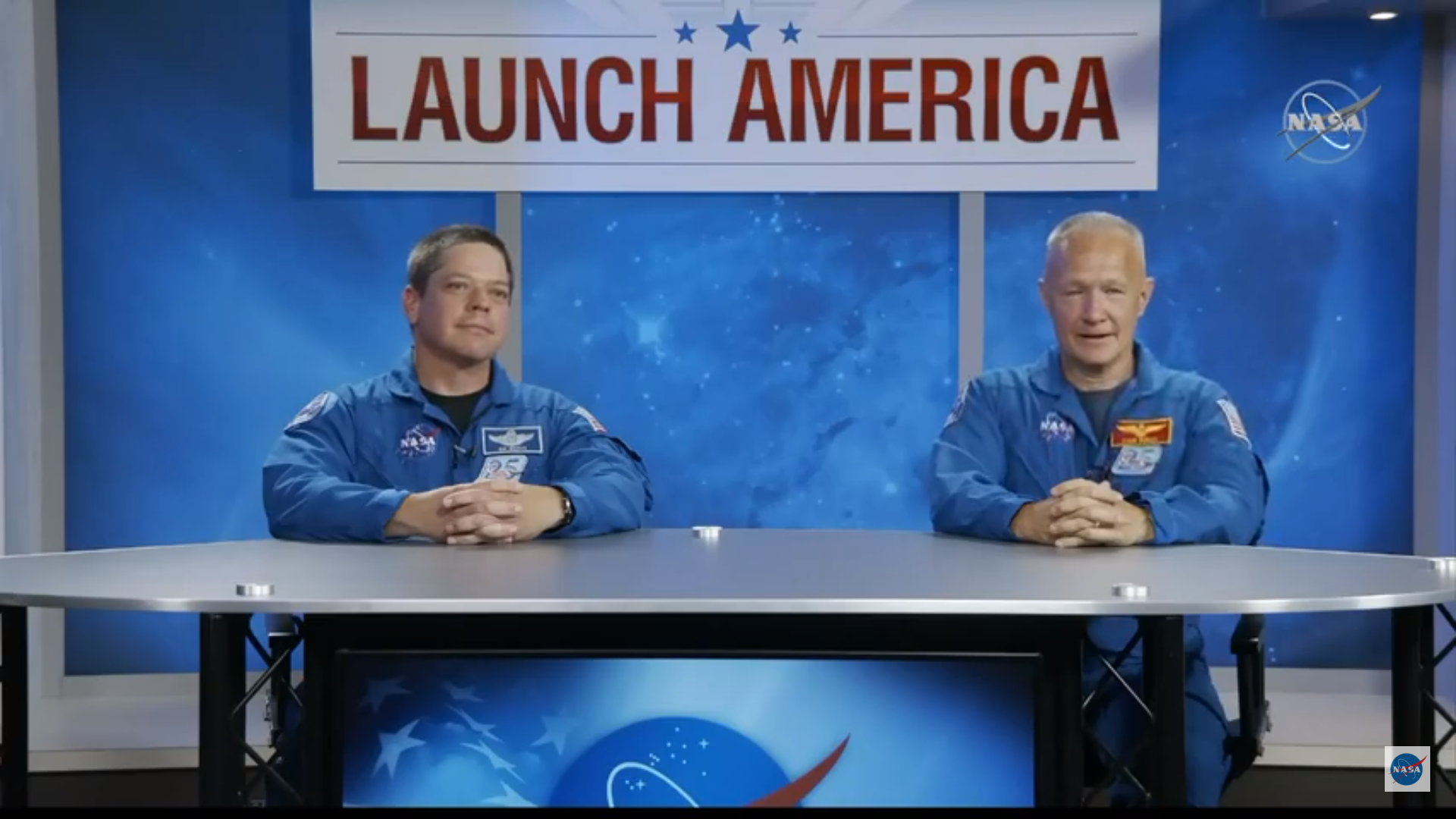 NASA astronauts Robert "Bob" Behnken and Douglas "Doug" Hurley chat with the media ahead of the May 27, 2020 flight on SpaceX's Crew Dragon vehicle.
