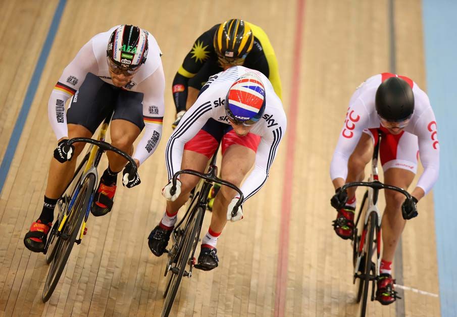 Jason Kenny en-route to victory in the keirin round one