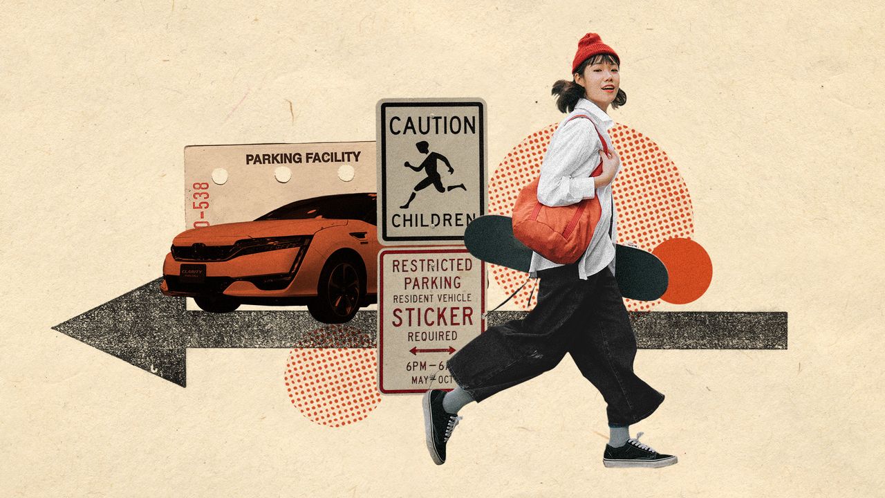 Photo collage of a Gen Z woman walking away from a car, parking signs and a parking ticket, holding a skateboard.