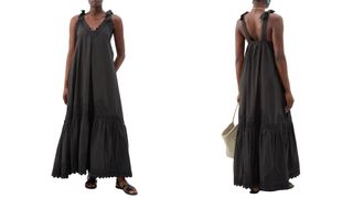 model wearing JULIET DUNN Palladio tie-shoulder cotton maxi dress $292