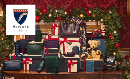 Aspinal of London logo top left with a collection of bags in a christmas themed living room