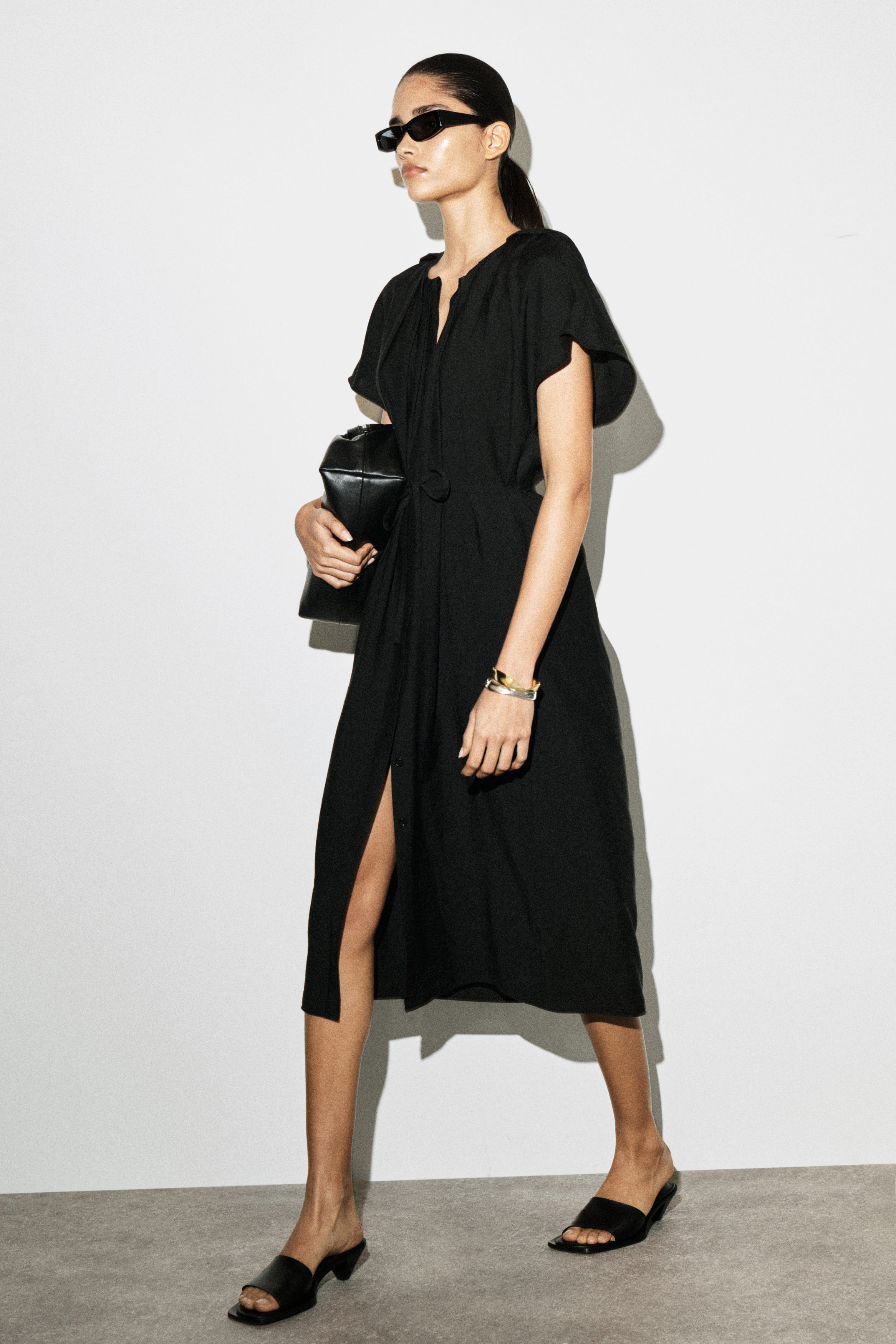 Pleated Belted Midi Dress