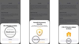 How to upgrade eero router to HomeKit Secure Router on iPhone by showing steps: Tap a Room then Tap Continue, Tap Turn On Accessory Security, Tap Done.