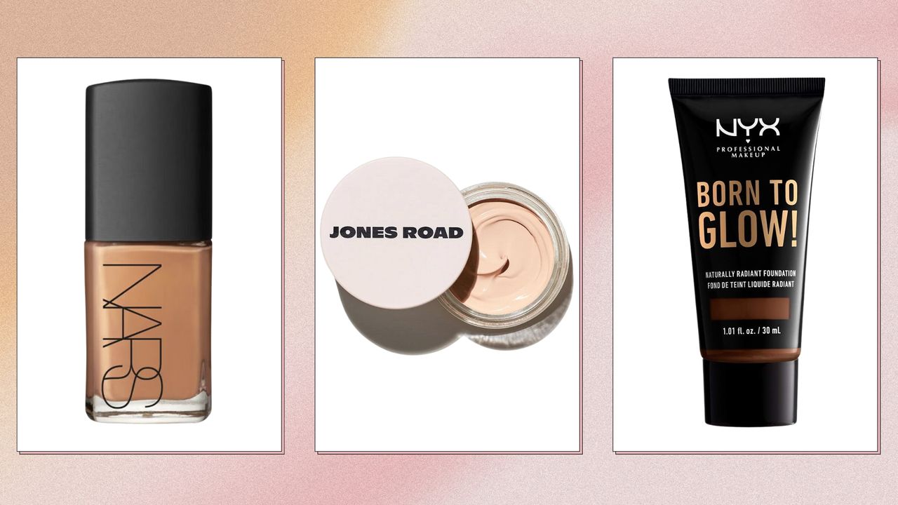 Collage of foundations (L-R) NARS, Jones Road, NYX