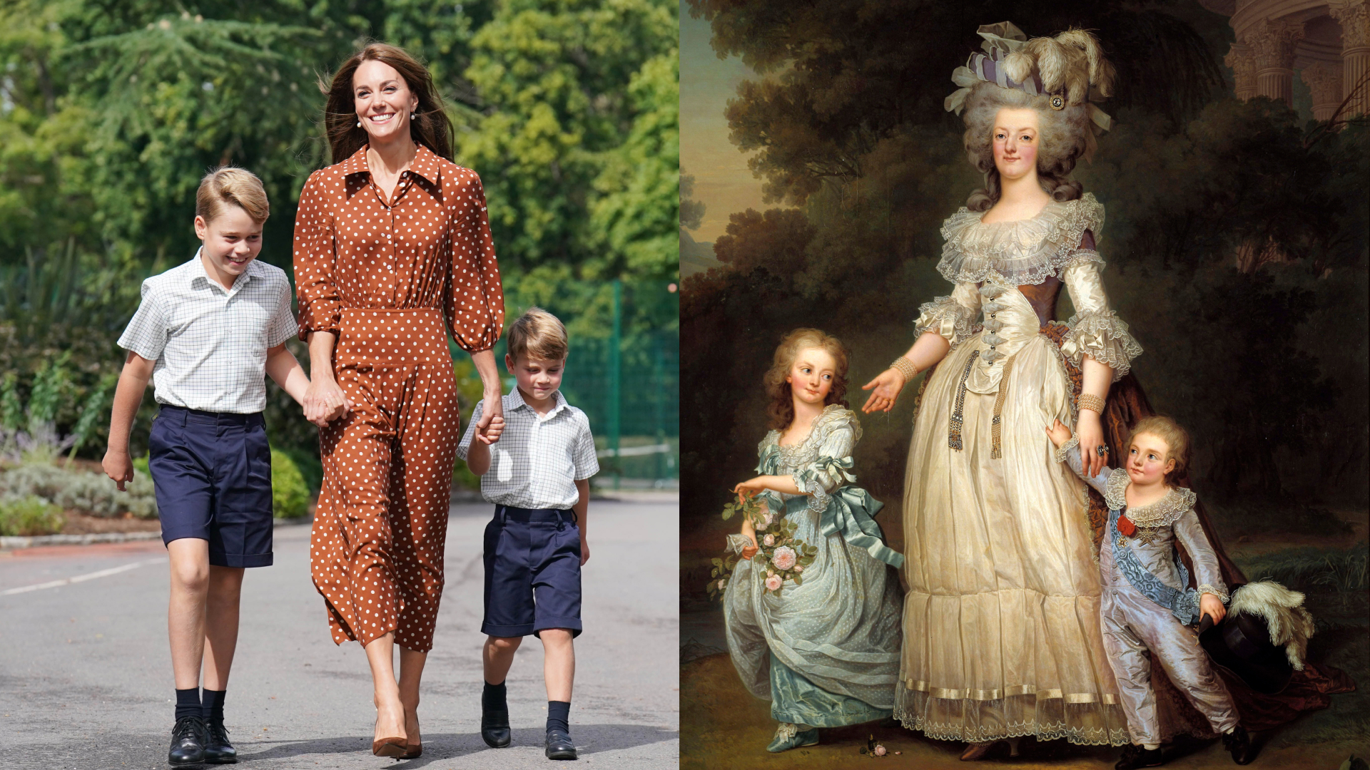 A split image of Princess Kate holding hands with Louis and George and Marie Antoinette holding hands with two of her children in a painting