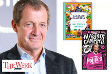 Alastair Campbell featured alongside book covers of his two politics books aimed at children