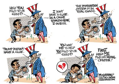Political cartoon U.S. Trump immigration border control family separation Uncle Sam