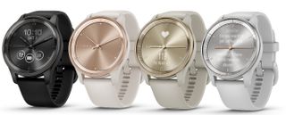 Four models of the Garmin Vivomove Trend watch. From left to right: Slate Bezel with Black Case, Peach Gold Bezel with Ivory Case, Cream Gold Bezel with French Gray Case, and Silver Bezel with Mist Gray Case