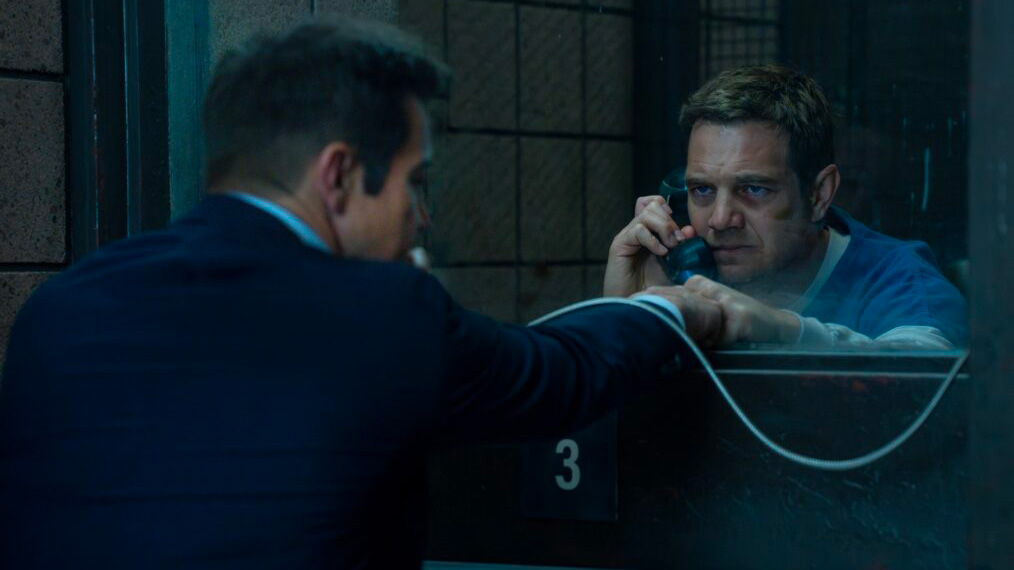 Mike (Jeremy Renner) meets Kyle (Taylor Handley) in prison in Mayor of Kingstown season 4.
