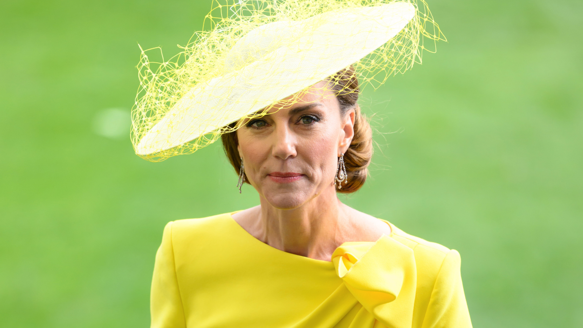 Princess Kate Middleton wears a canary yellow Roksanda dress and a matching hat with netting to attend day two of Royal Ascot 2026 at Ascot Racecourse on June 17, 2026 in Ascot, England