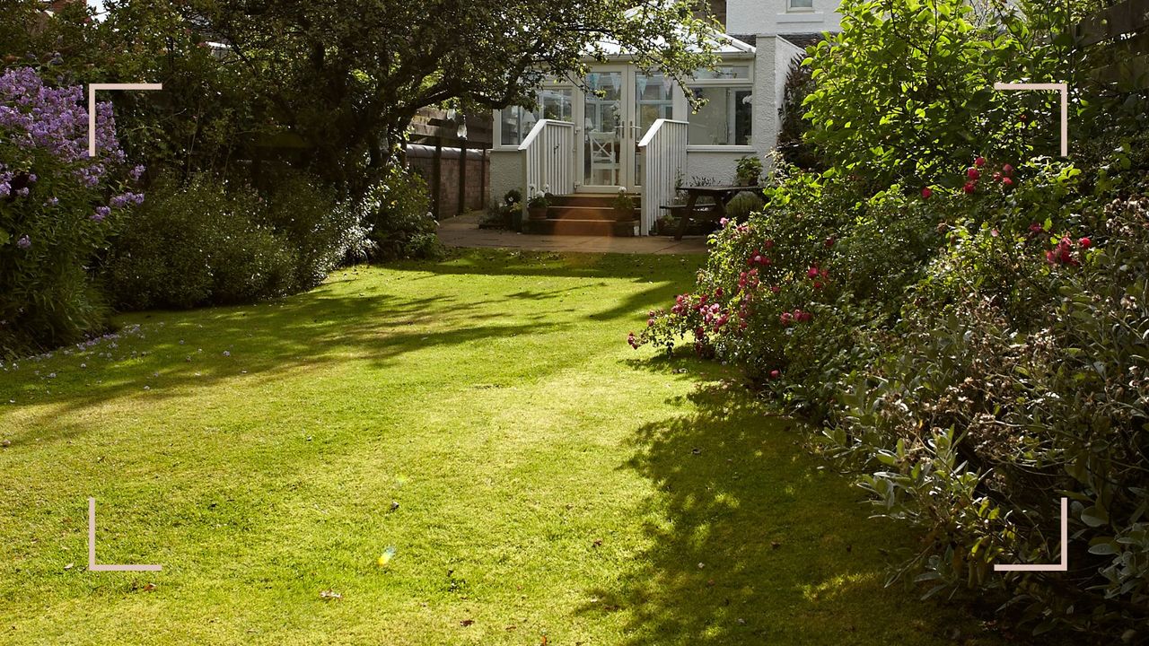 Garden with a lawn and tree lined perimeters to support a guide on when to overseed a lawn for spring