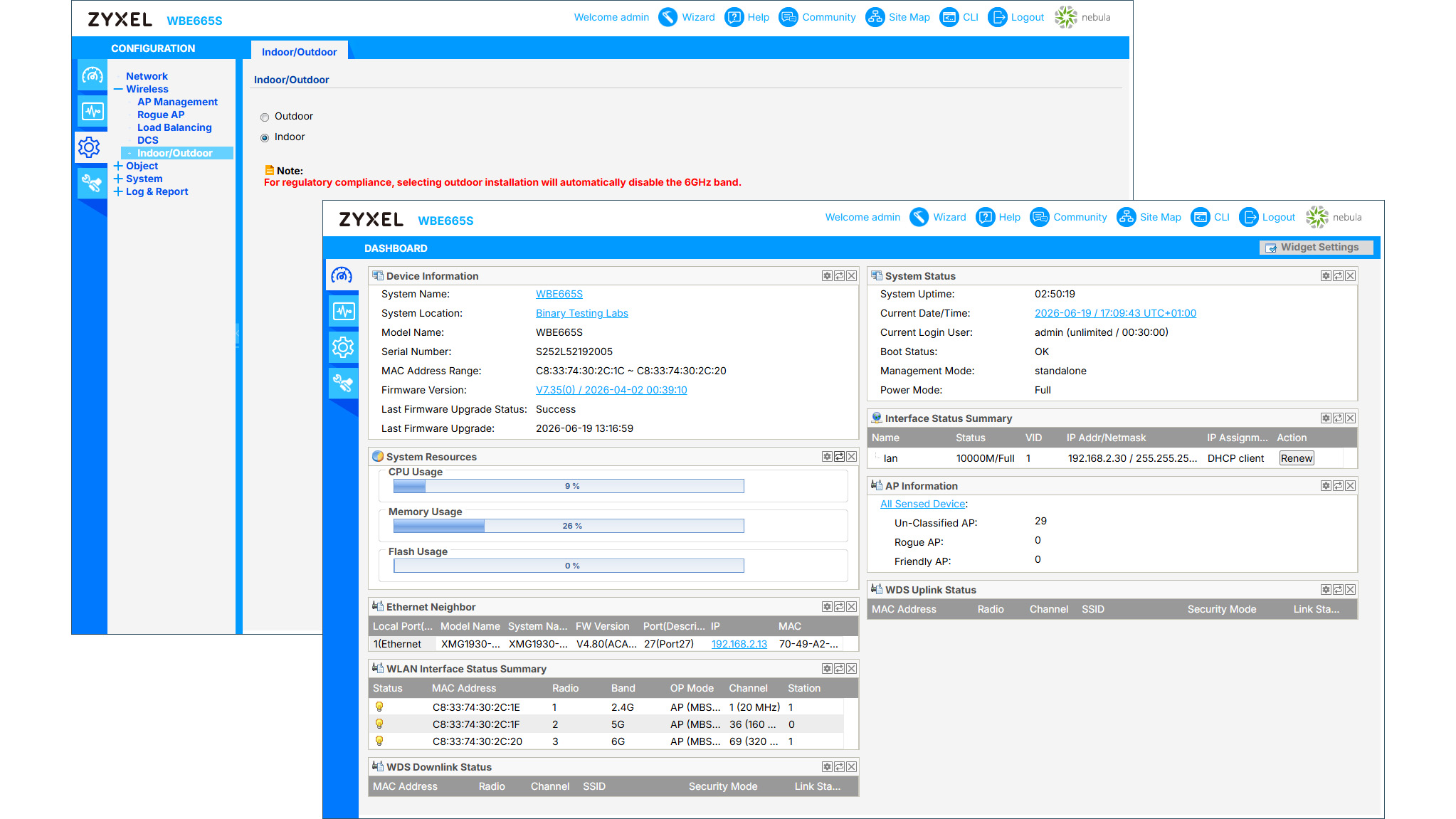 The Zyxel WBE665S dashboard