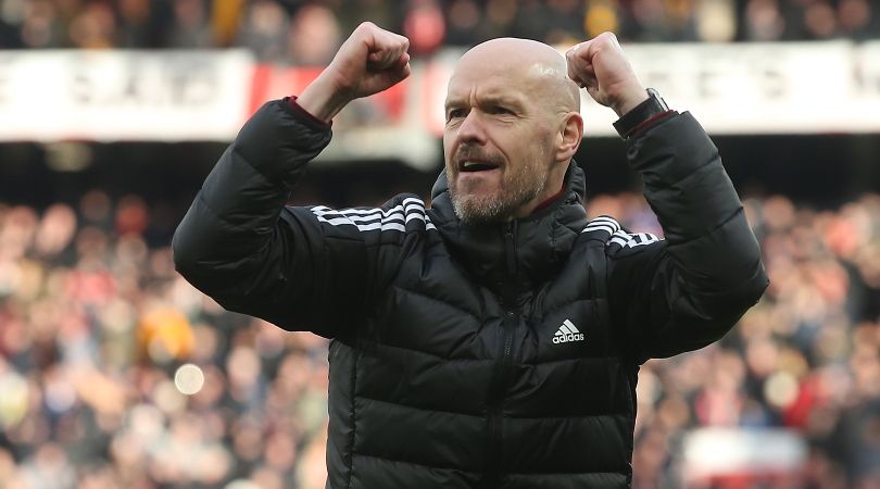 Manchester United manager Erik ten Hag celebrates his team&#039;s derby win over Manchester City at Old Trafford in January 2023.