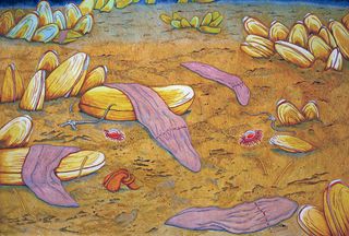A pastel painting illustrates the new worm species Xenoturbella profunda, found by researchers in a hydrothermal vent in the Gulf of California.