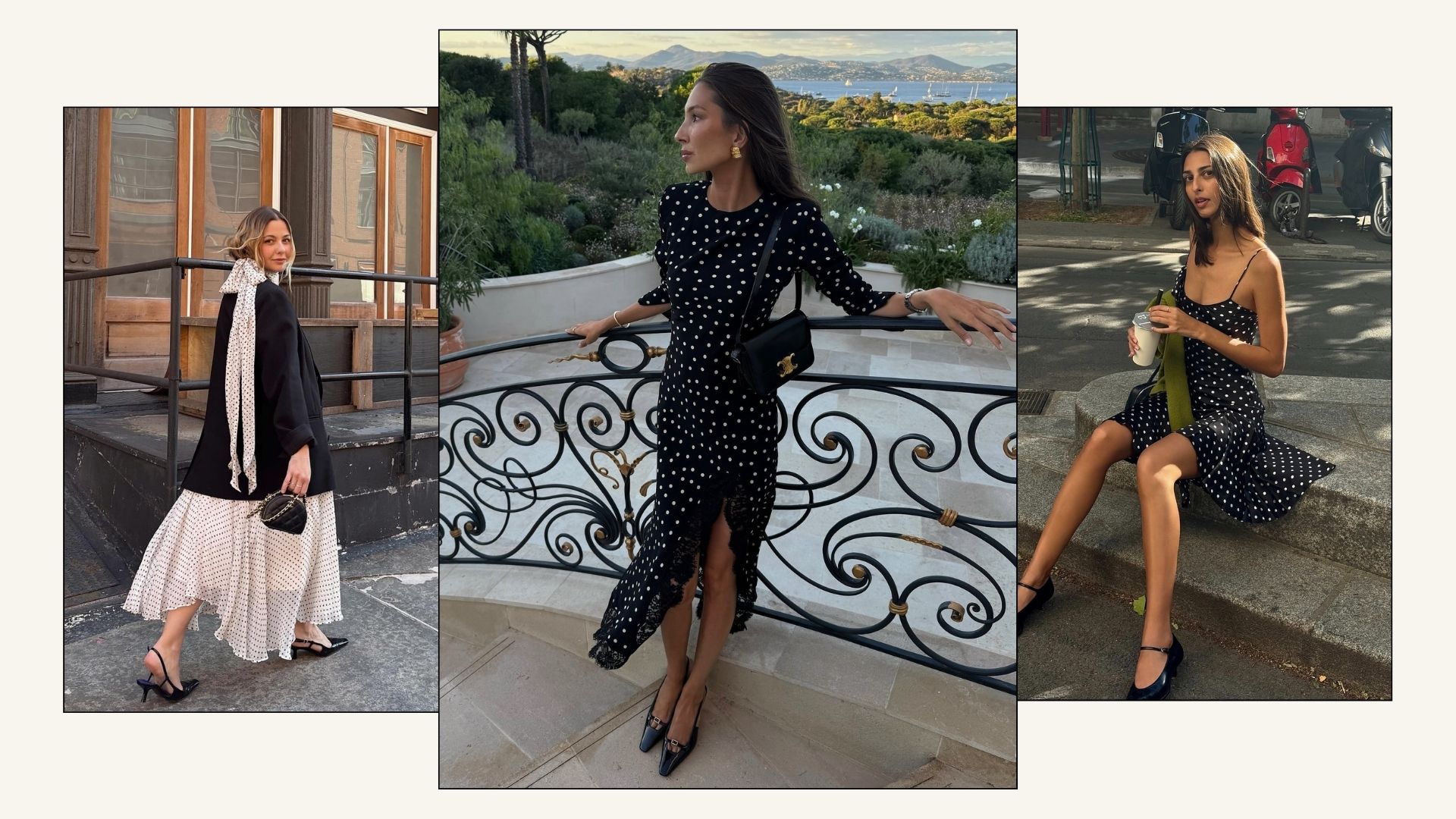 Influencers wear polka dot dresses with pointed toe heels.