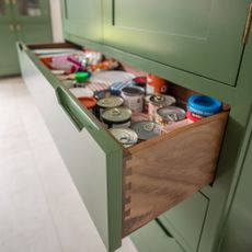 Green kitchen with drawer open showing cans.