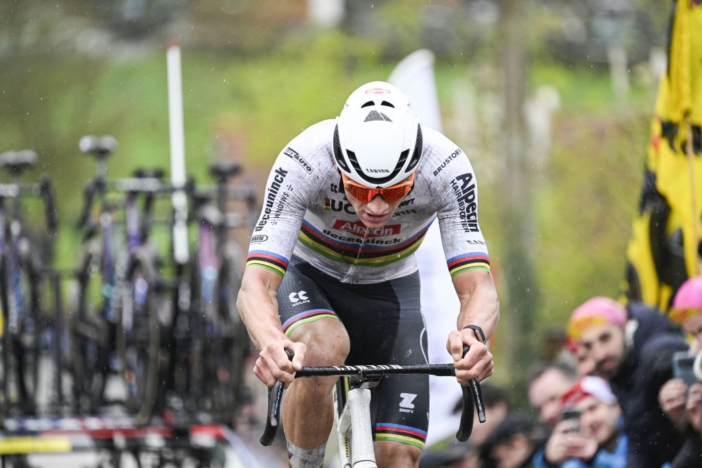 Dutch Mathieu van der Poel of Alpecin-Deceuninck pictured at the Paterberg during the men's race of the 'Ronde van Vlaanderen/ Tour des Flandres/ Tour of Flanders' one day cycling event, 270,8km from Antwerp to Oudenaarde, Sunday 31 March 2024. BELGA PHOTO TOM GOYVAERTS (Photo by Tom Goyvaerts / BELGA MAG / Belga via AFP)