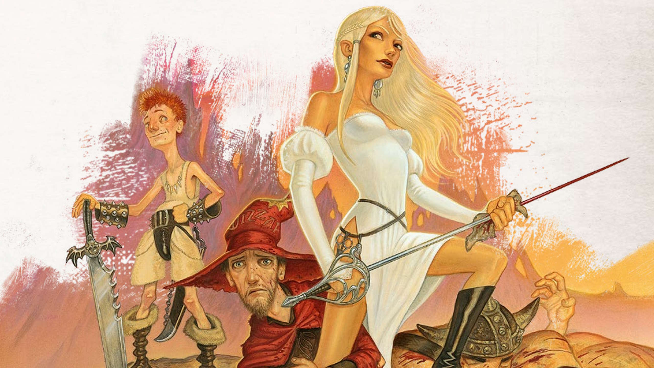 A woman in white wipes blood from her sword while a wizard and warrior look on in admiration