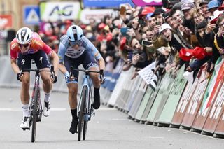 Elisa Longo Borghini starts the two-up sprint but finishes second to winner Demi Vollering at Liege-Bastogne-Liege
