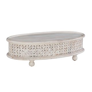 coffee table with oval shape, white shabby chic finish and cut out trellis pattern