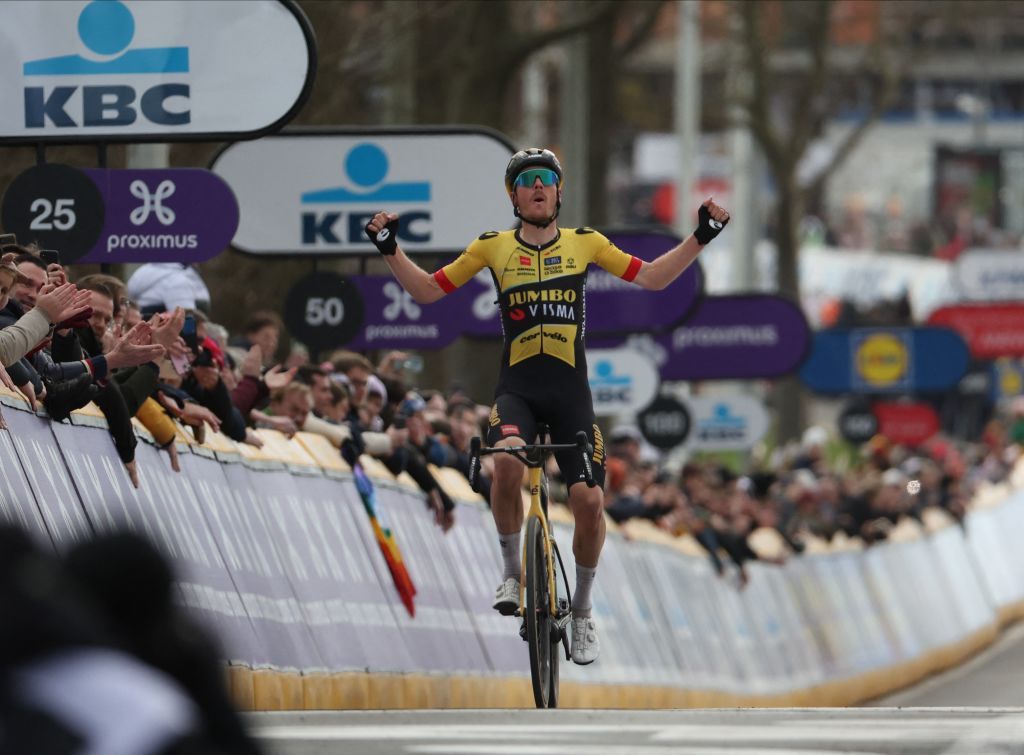 Dutch Dylan Van Baarle of JumboVisma celebrates after winning the 78th edition of the mens oneday cycling race Omloop Het Nieuwsblad 2073 km from Gent to Ninove Saturday 25 February 2023BELGA PHOTO KURT DESPLENTER Photo by KURT DESPLENTER BELGA MAG Belga via AFP Photo by KURT DESPLENTERBELGA MAGAFP via Getty Images