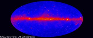 The sky is ablaze with explosive, invisible gamma-rays (shown here in yellow and red). According to a new study, some of those rays may be the products of dark matter.