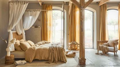 best linen sheets Magic Linen sandy color in bedroom