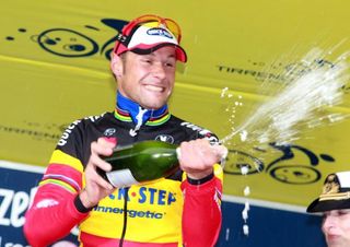 Cop this: Boonen lets fly on the podium