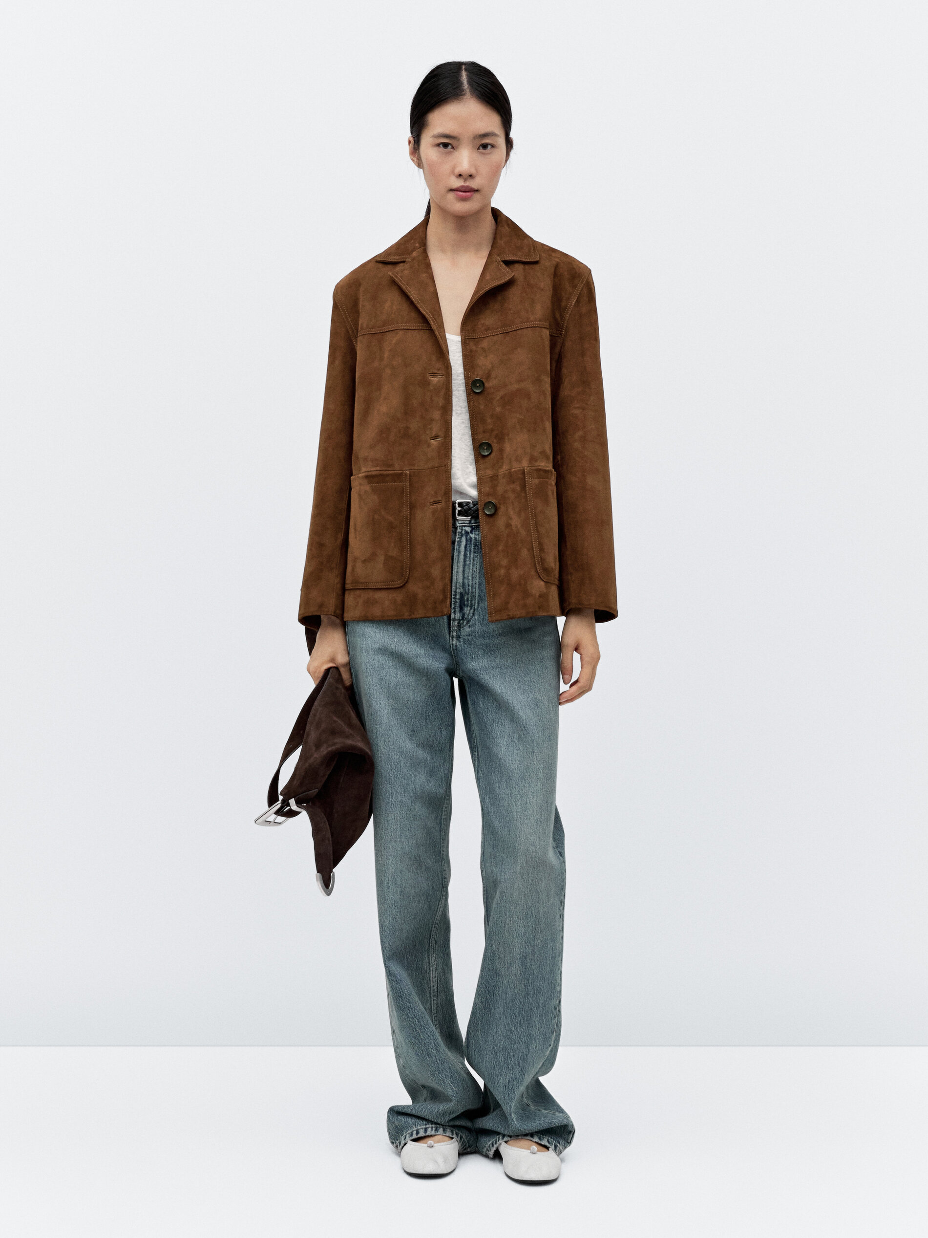 Suede Leather Blazer With Topstitching