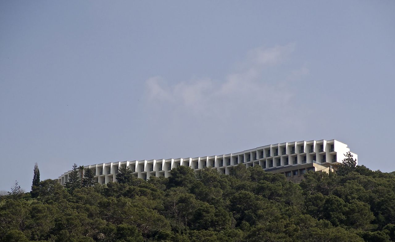 Exterior of hotel nestled within the trees