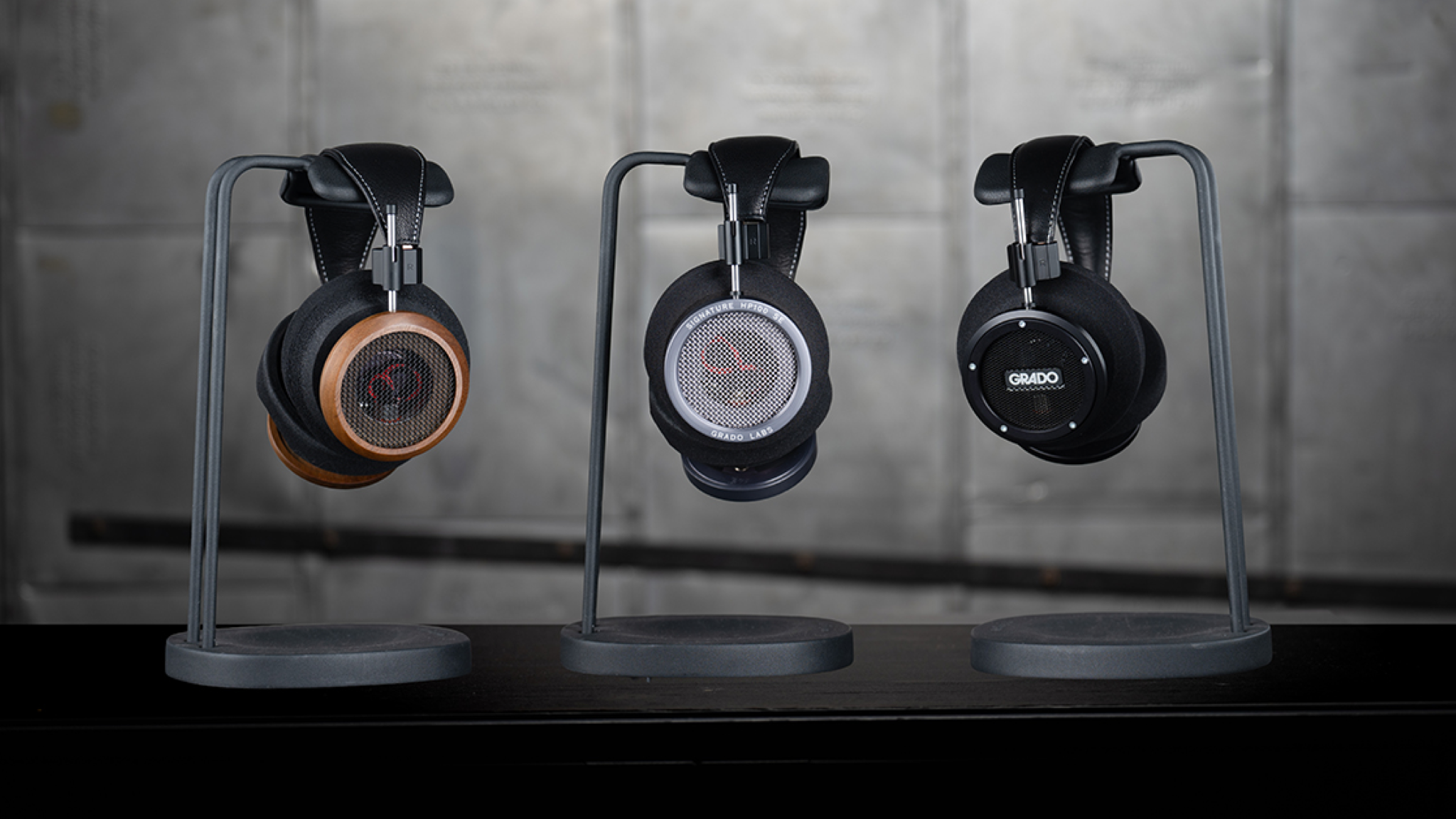 All three Grado Signature headphones on stands, with the new S750 at the right