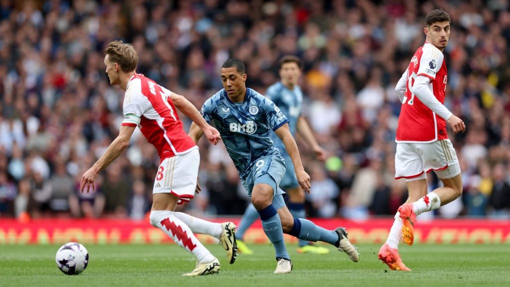 Youri Tielemans of Aston Villa in action during the Premier League match between Arsenal FC and Aston Villa at Emirates Stadium on April 14, 2024 in London, England.