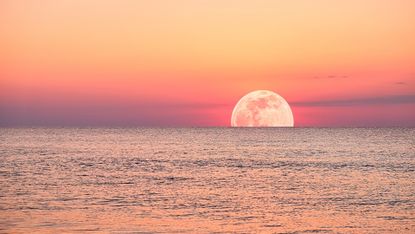 A vibrant moonlight the ocean, with a fiery sky and calm waters