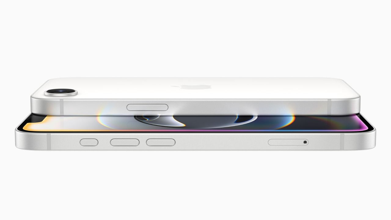 The iPhone 16e against a grey background.